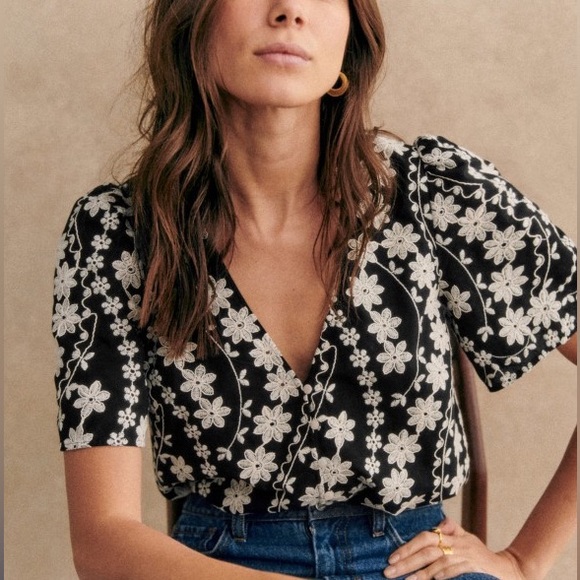 Sezane Emma Blouse Cotton Button Down Black Ecru Floral Eyelet Large FR 40 US 8 - Picture 1 of 10